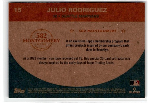 2022 Topps 582 Montgomery Club Set 5 Julio Rodriguez #15 RC Seattle Mariners - Bild 2 von 2