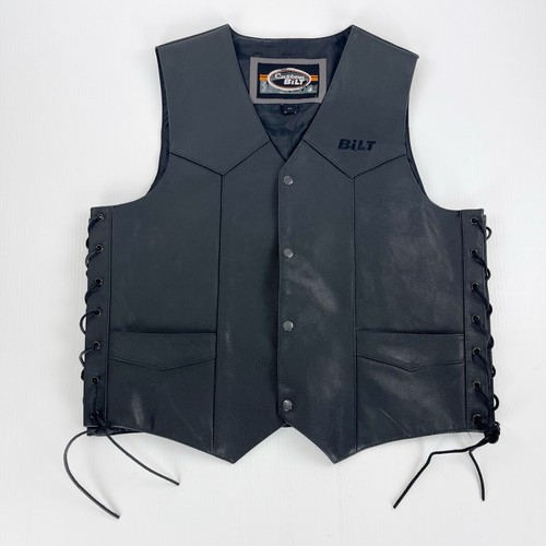 Custom Bilt Button Down Black Leather V Neck Motorcycle Biker Vest Top Mens XL