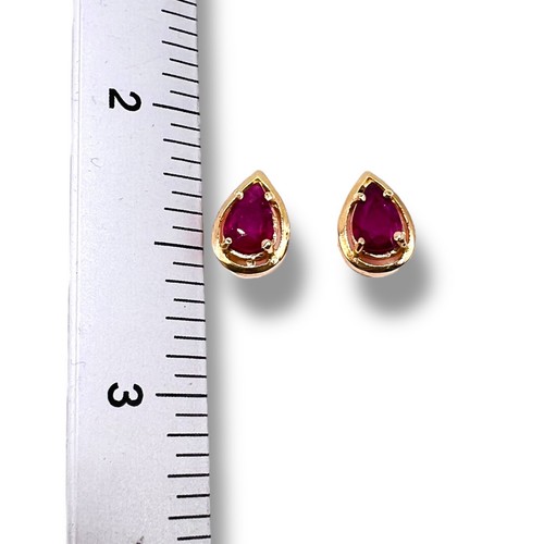14k Yellow Gold Natural Ruby Pear Stud Post Earrings - Picture 9 of 14