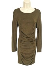 Express Olive Green Knit Runched Midi Sheath Dress Women Size S Crew Neck 