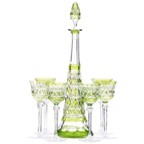 Green Cut-to Clear Decanter and 6 Glasses, Val Saint- Lambert