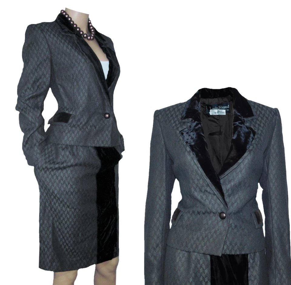 CHAQUETA CUELLO TERCIOPELO TWEED LOUIS FERAUD FALDA LÁPIZ TRAJE MUJER TALLA 36 Foto 2 de 4