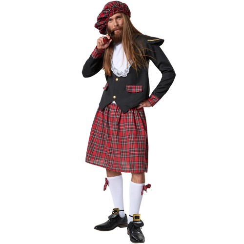 Costume Uomo Scozzese Zampognaro Kilt Capello divertente Vestito Carnevale  nuovo | eBay