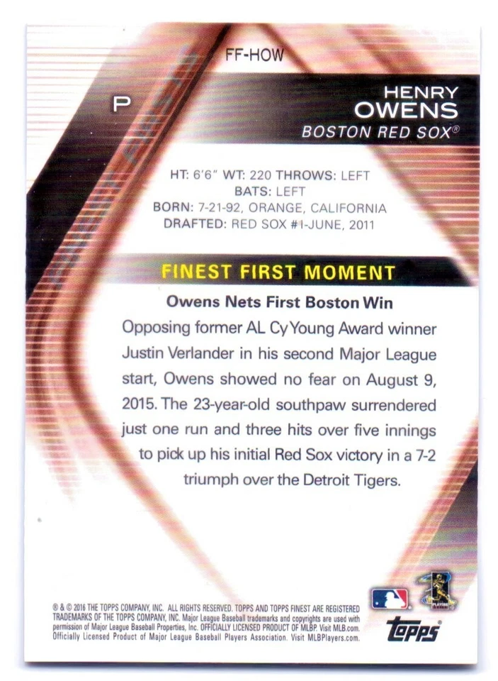 2016 Finest Firsts Orange Refractors #FFHOW Henry Owens /25 Rare! - Image 2 of 2