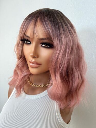 Short Pink Ombré Rooty Wavy Bob Hair Wig | Choppy Fringe Bangs, Full Stretch - Picture 4 of 9
