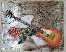 Rose Bloom flower on Guitar Painting in Color Birthday Anniversary Artwork Gift