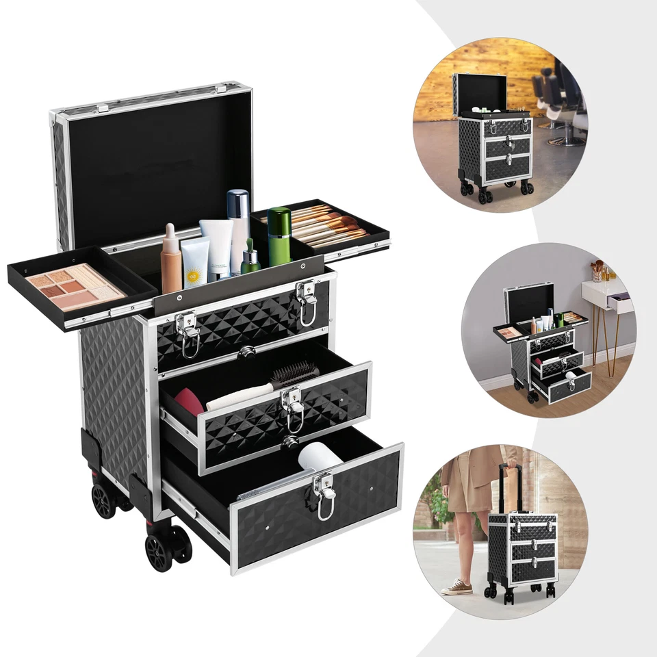 Professional Makeup Case Rolling Cosmetology Case With Sliding Drawers Black USA - Image 4 of 4