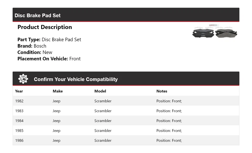 Pastillas de freno delanteras semimetálicas para Jeep Scrambler Bosch QuietCast 1982-1986 1983 Foto 2 de 4