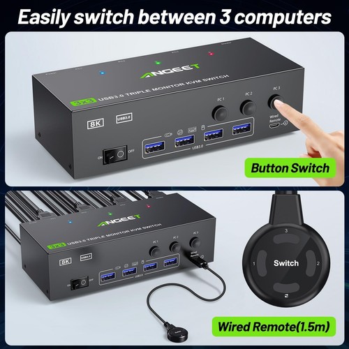 KVM Switch 3 Monitors 3 Computers 8K@60Hz 4K@144Hz, ANGEET HDMI and Displaypo... - Photo 5/9