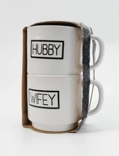 Set 2 x Hubby Wifey Sheffield Home Large Coffee Mugs White 3.5” Tall Stackable 
