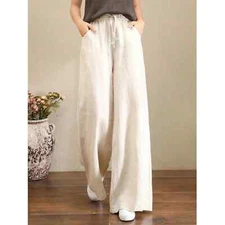 Women Casual High Waisted Cotton Linen Palazzo Pants Wide Leg Flared Pants