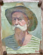 RAR Vintage Oil Painting Soviet USSR Socialist realism Old man portrait mustache