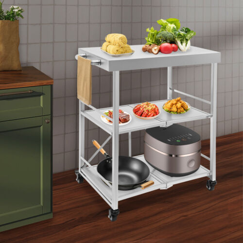 3 Tiers Utility Cart with Wheels Storage Shelf Kitchen Cart Fold Stainless Steel