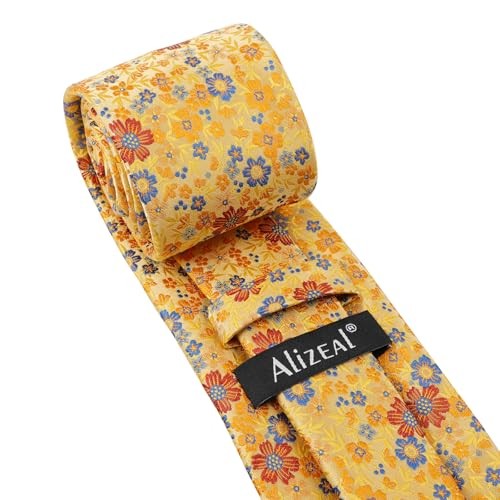 Mens Floral Necktie with Pocket Square for Wedding Party Tie 129-yellow Orange - Bild 2 von 5