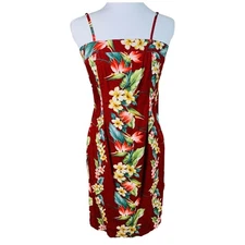 Vintage Hawaii USA Sz Med Tropical Floral Sheath Dress Spaghetti Strap Vacation 