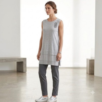 Eileen Fisher Tunic Womens S Gray Silk Trim Linen Knit Ballet Neck F4PLZ-W2985M