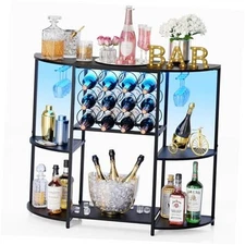  Wine Bar Cabinet with LED Lights, Mini Wine Bar Cart with Storage and 3-Tier