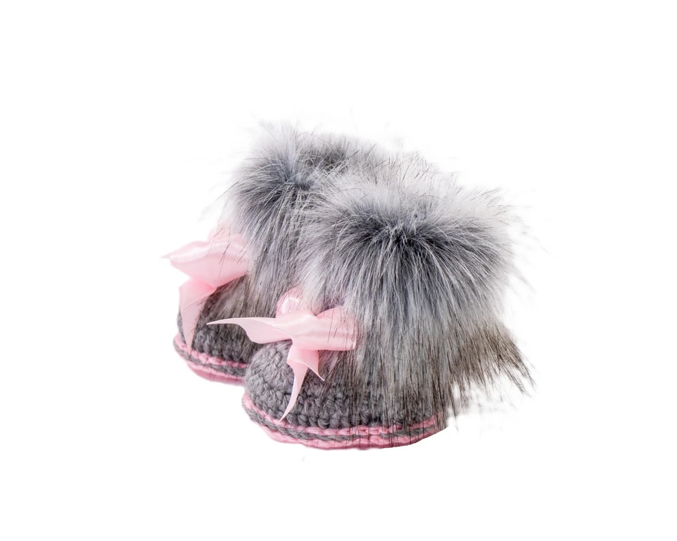 Bebé Niña Botines Piel Sintética Gris y Rosa, Zapatos Niña Recién Nacida, Botines Crochet Foto 4 de 4