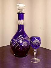 Cobalt Blue Crystal Bohemian Decanter Cut to Clear with stopper & Matching Glass