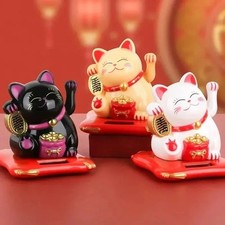 Solar Powered Chinese Maneki Neko Lucky Waving Beckoning Fortune Gift Cat Decor