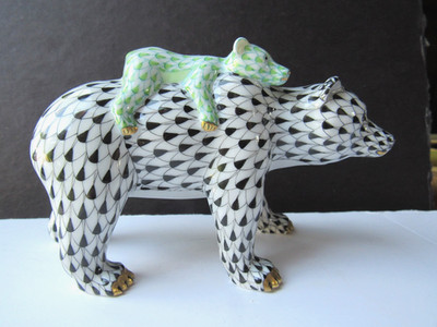 Herend Porcelain Bear and Baby  Black & Lime Green Approx. 5 1/4'' Length