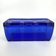 Vintage Hazel Atlas Refrigerator Box Dish Cobalt Blue Criss Cross Glass
