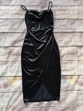 Windsor Black Satin Ruched Midi Dress Spaghetti Straps Tulip Hem Size Small