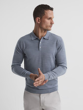 Reiss Trafford Merino Wool Polo Shirt Denim Melange Mens S