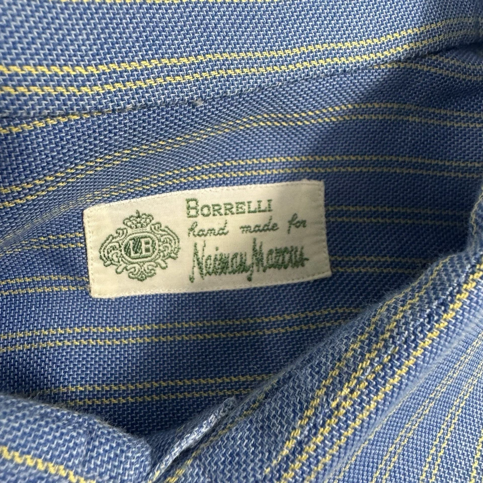 Borrelli 那不勒斯蓝色黄色条纹棉男式尖领纽扣前 16.5L — 第 4/4 张图片