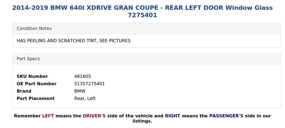 BMW 640I XDRIVE GRAN CUPÉ 2014-2019 - PUERTA TRASERA IZQUIERDA VENTANA CRISTAL 7275401 Foto 4 de 4