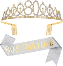 "80  Fabulous"Sash  Rhinestone Tiara Set, 80Th Birthday Gifts for Women, Slive