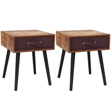 Set of 2 Mid-Century Nightstand End Accent Bedside Table W/ Drawer Rustic Brown