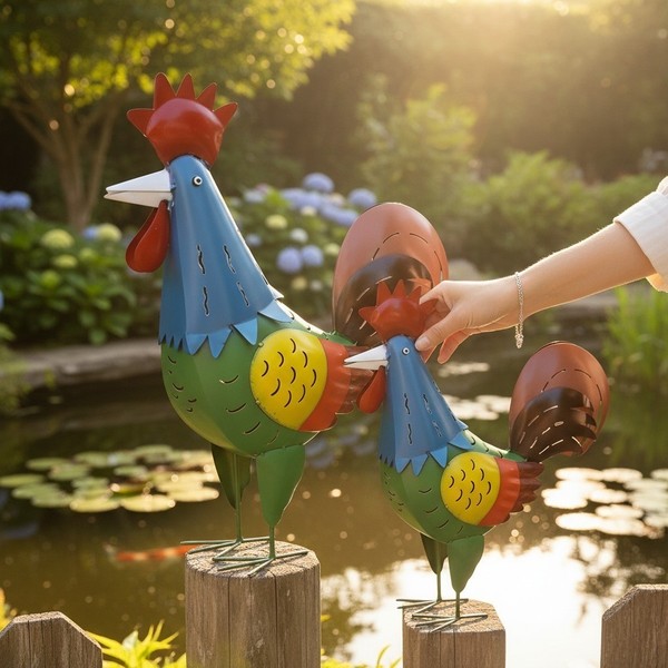 Hahn & Huhn Gartenfigur Metall Gartendeko Wetterfest Handgefertigt Ca. 55Cm-image