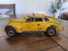 Vintage 1930s Arcade Cast Iron Yellow Taxi Cab Toy with Driver and Passenger