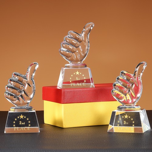 1st 2nd 3rd Place Thumbs Up Crystal Glass Trophy with Box, Clear White Base 3Pcs - Picture 3 of 5