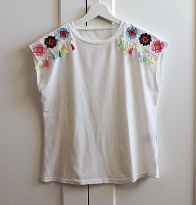 SheIn Damen T-Shirt Gr. S Basic Rundhals Kurzarm Stickerei Quasten weiß