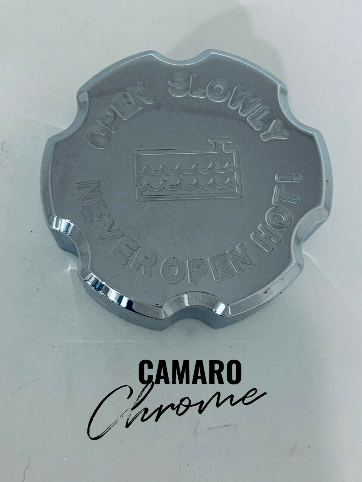 CAMARO CHROME RADIATOR CAP COVER "OPEN SLOW" ENGRAVED 2016-2024 CHEVROLET CAMARO