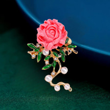 Pink Resin Crystal Rhinestone Enamel Peony Flower Brooch Pin