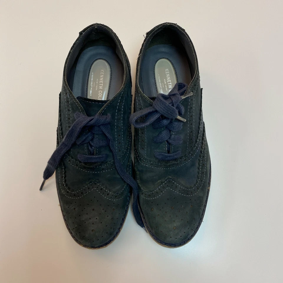 Kenneth Cole 男孩牛津鞋 3 码翼布洛克磨砂皮鞋海军蓝系带 — 第 3/4 张图片