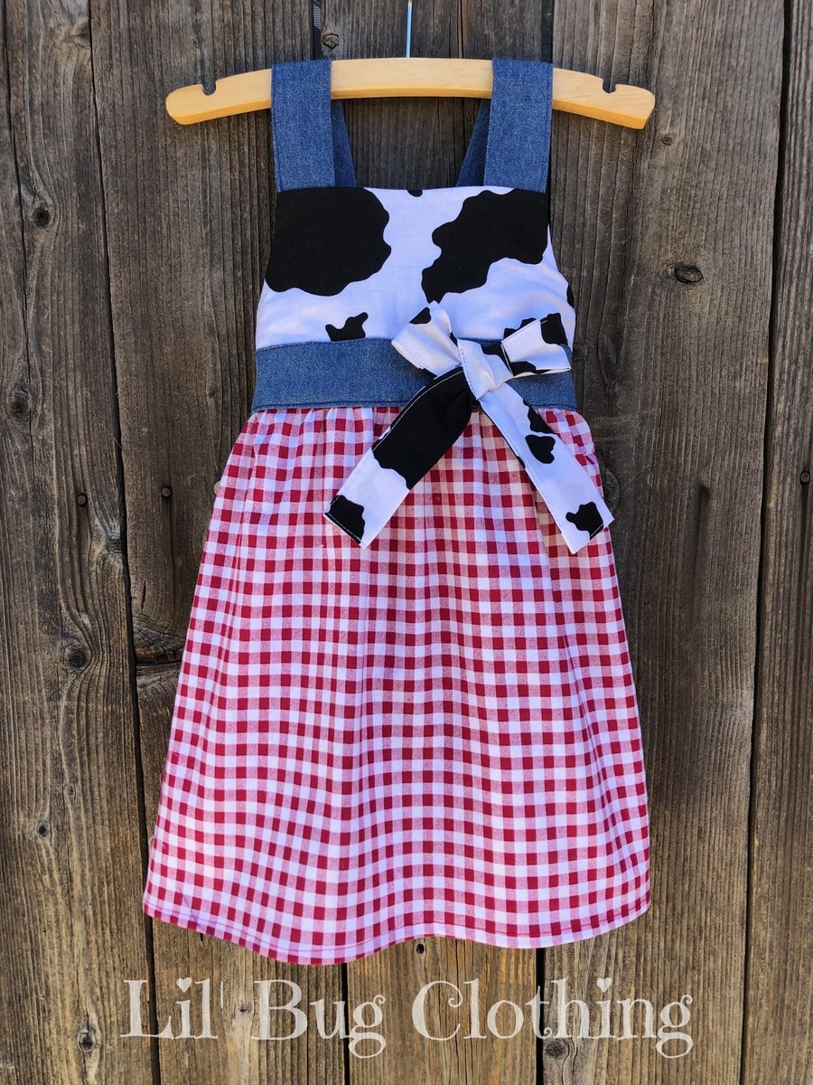 Western Wear Country Cowgirl Farm Red Gingham Cow Denim Dress | eBay