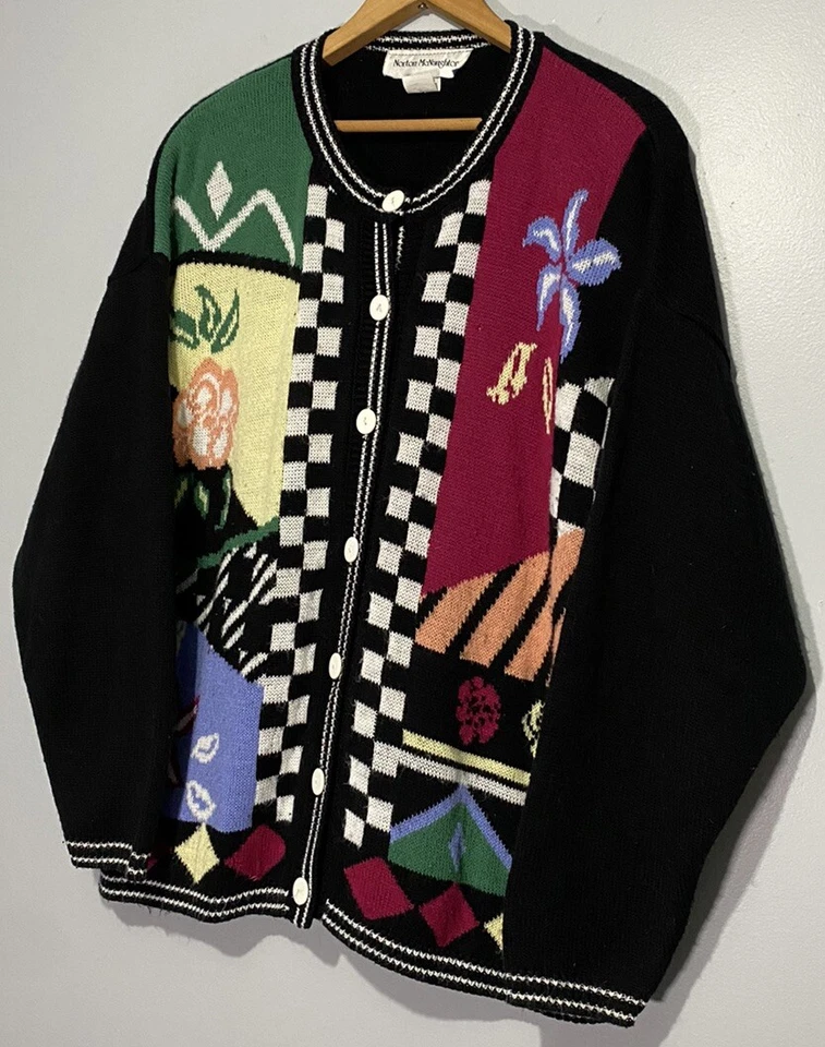 Cárdigan Norton Mcnaughton de Colección Años 90 Suéter Grande Arte Abstracto Gótico a Cuadros Foto 2 de 4