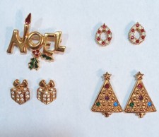 Vintage Lot Christmas NOEL Brooch Pin  3 Set Earrings,Tree,AVON Gift Box,Wreath