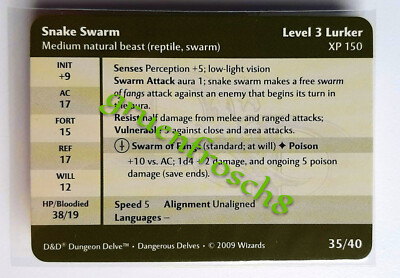  SNAKE SWARM  35 C  DDM MONSTER MANUAL  DANGEROUS DELVES 2009  D&D STATS CARD