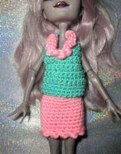 2-PC OUTFIT / For Monster High dolls crochet aqua blue pink top halter skirt lot