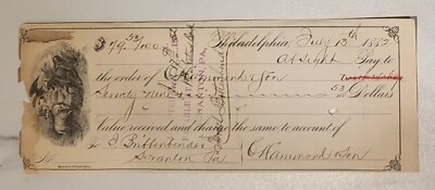 1882 Bank Check Philadelphia Pennsylvania Ely Williams Tall Ship