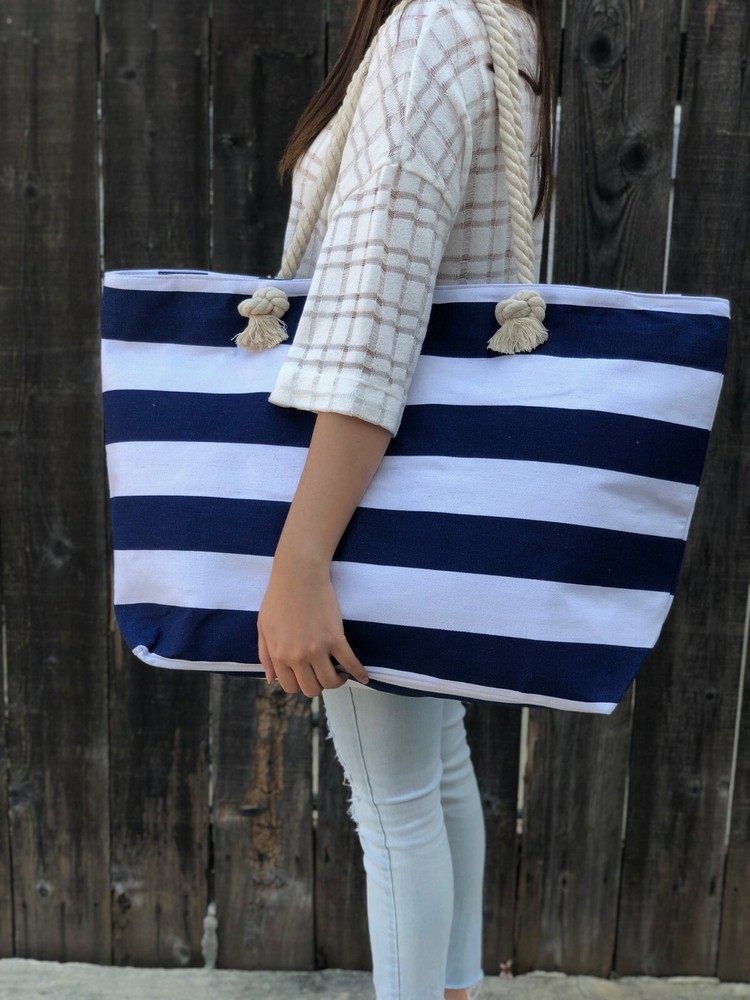 Extra Large Canvas Tote Bag-Beach Bag-Travel Picnic Gym Navi and White Stripes
