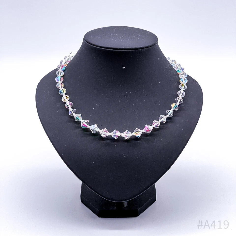 Vintage Cristallo Collana Con 835 Argento Chiusura, Iridescente Aurora Borealis - Immagine 4 di 4
