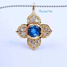 10MM 14K Yellow Gold Diamond Sapphire 4 petal Flower Quatrefoil Charm Pendant