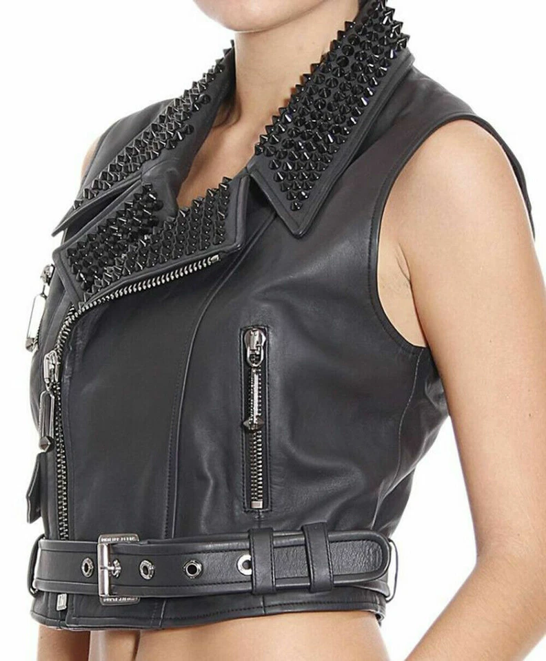 Women Full Black Vest Studded Brando Punk Vintage Biker Real Leather Vest - Image 2 of 4