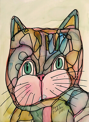  Original painting 5x7'' colorful kitty CAT green eyes by Lynne Kohler 
